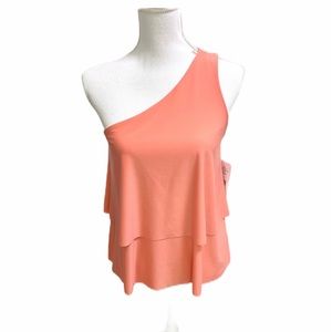 Halston One Shoulder Tiered Ruffle Blouse Coral NWT Statement Top